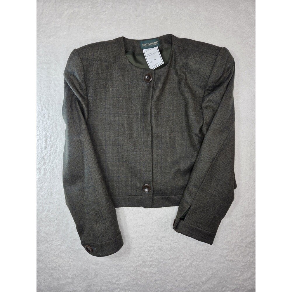 Vintage Harvé Benard 100% Wool Cropped Blazer Jacket Brown Plaid Tweed Size 10